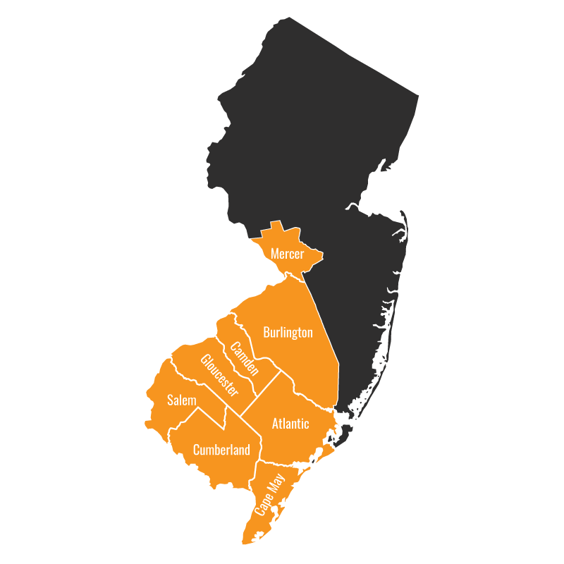 Southern New Jersey Service Area: Mercer County, Burlington County, Camden County, Atlantic County, Gloucester County, Salem County, Cumberland County, Cape May County